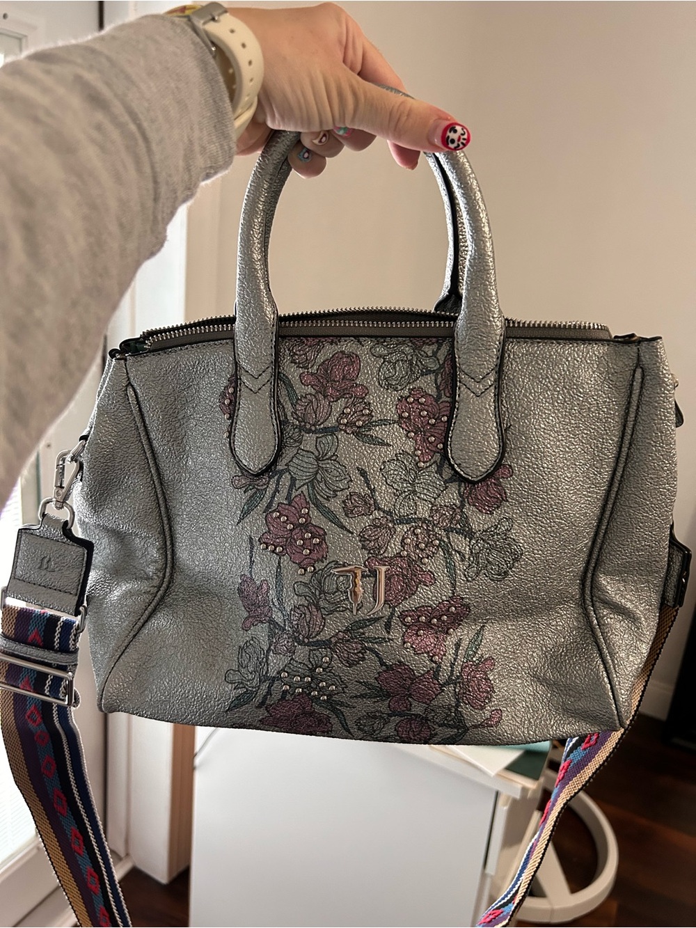 Italian Designee Bag- Trussardi Jeans Metallic Floral Satchel – Like New